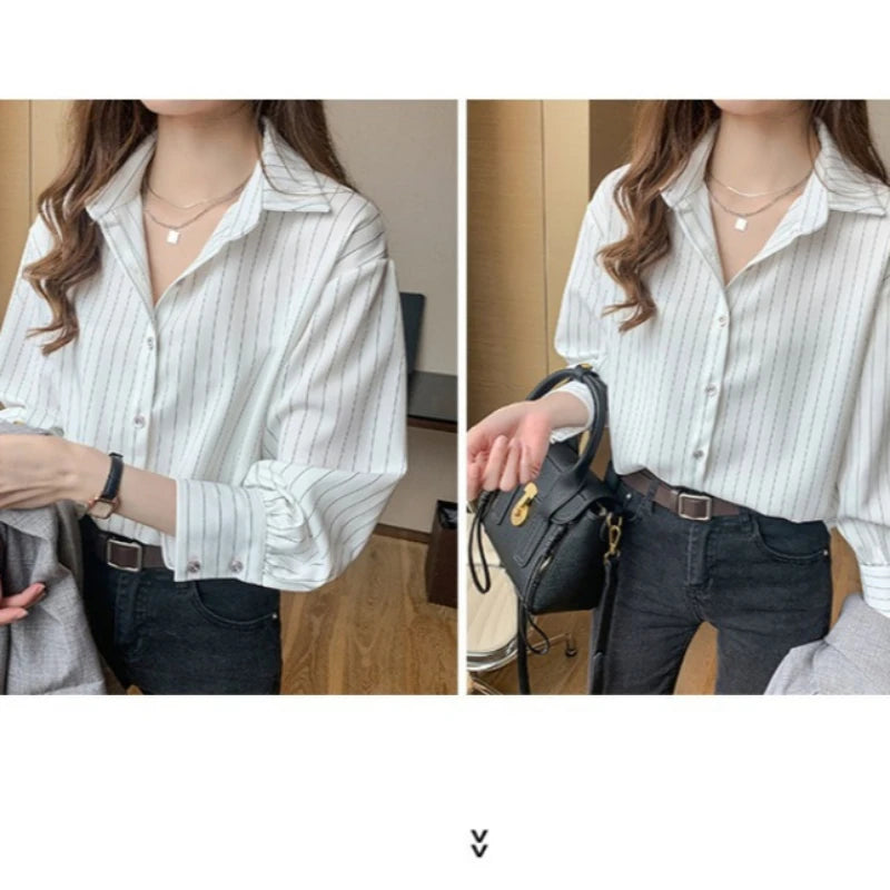 Striped Shirt Women Spring Summer Vintage Chic Loose Long Sleeve Top Office Ladies Fashion Casual Turn Down Collar Blouse