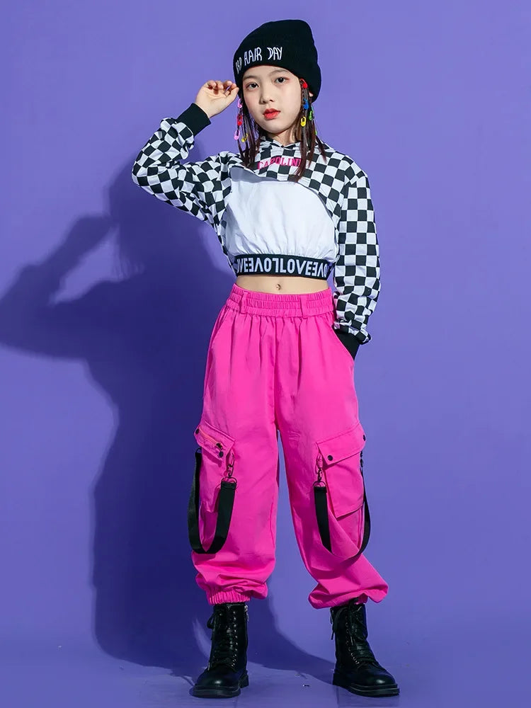 Kids Teenage Streetwear Hip Hop Clothing Red Shirt Tops Casual Cargo Jogger Pants For Girl Boy Jazz Dance Costume Rave Clothes