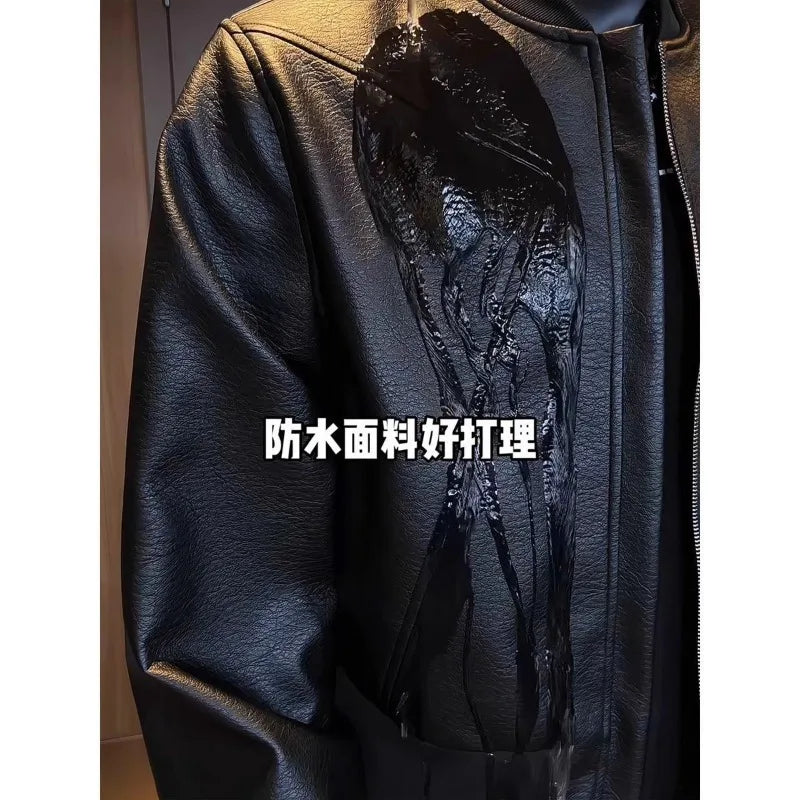 American Retro Leather Jacket Men's Autumn Design Workwear Jacket Outdoor Cycling Motorcycle Baseball Jacket