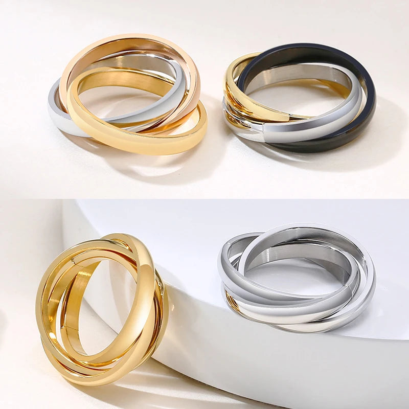Stainless Steel Interlocked Triple Ring for Women Multi Color Wedding Band Bague Three in One