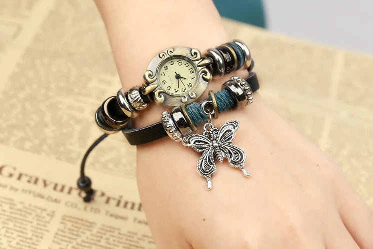 Handmade Butterfly Beads Bracelet Quartz Watch Clock Women Man Lovers Vintage Retro Bracelet Leather Strap Bracelets Dress Watch