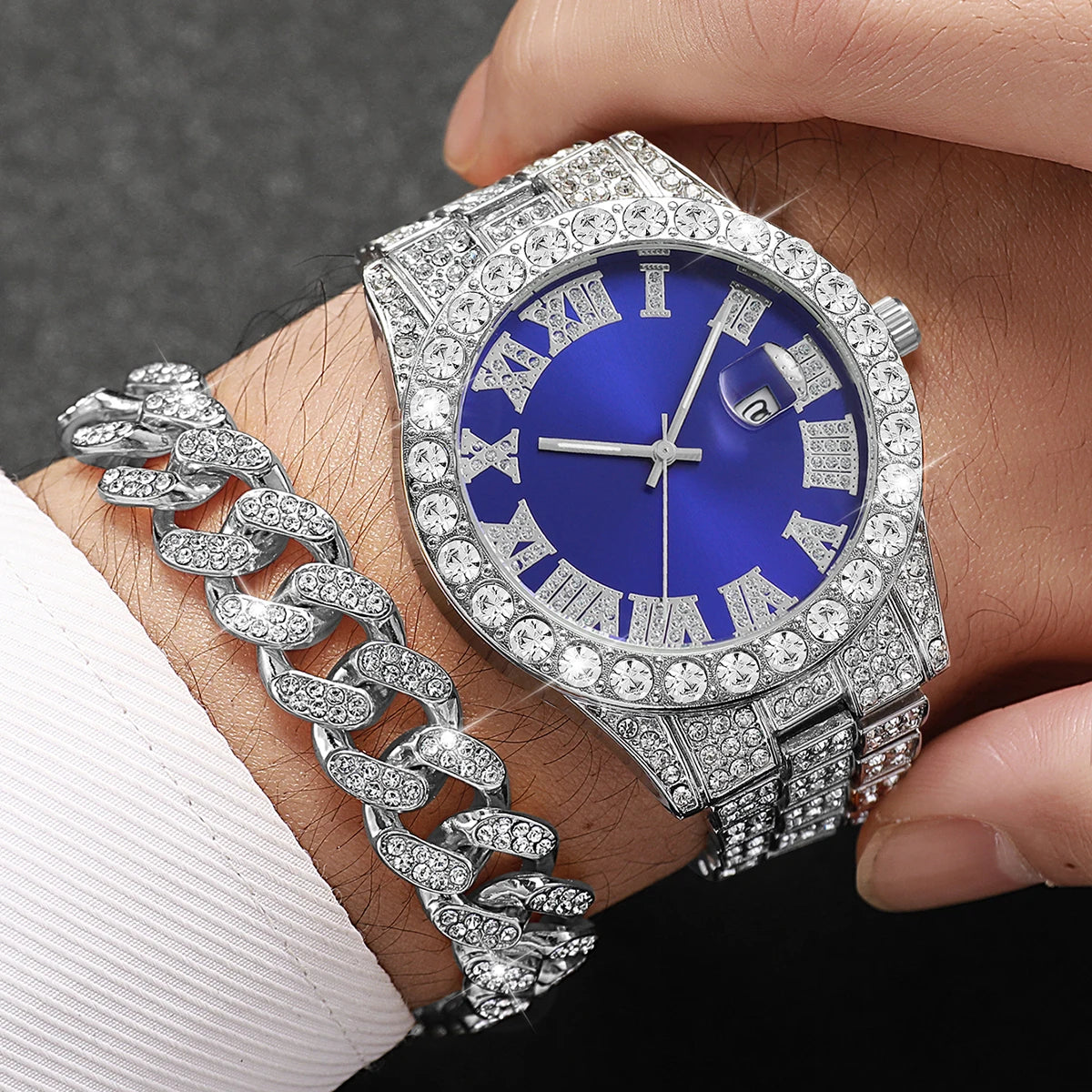 3PCS/Set Luxury Full Diamond Men Quartz Watches Fashion Hip Pop Mens Calendar Wristwatch Bracelet Necklace Set (Without Box)