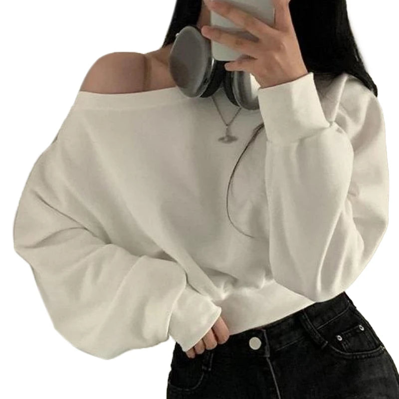 Korean Streetwear Off-shoulder Long Sleeve Loose Casual Cropped Sweatshirt For Women