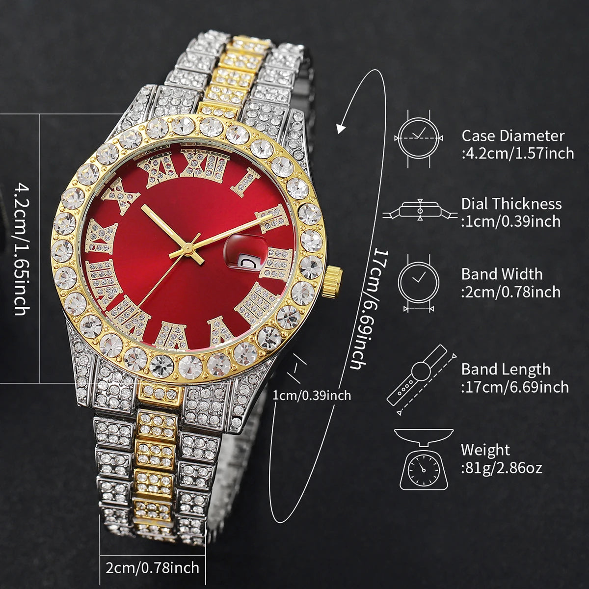 3PCS/Set Luxury Full Diamond Men Quartz Watches Fashion Hip Pop Mens Calendar Wristwatch Bracelet Necklace Set (Without Box)