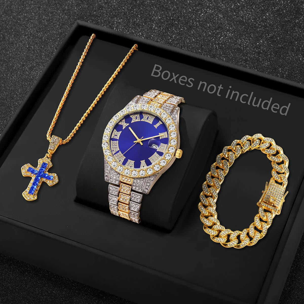 3PCS/Set Luxury Full Diamond Men Quartz Watches Fashion Hip Pop Mens Calendar Wristwatch Bracelet Necklace Set (Without Box)