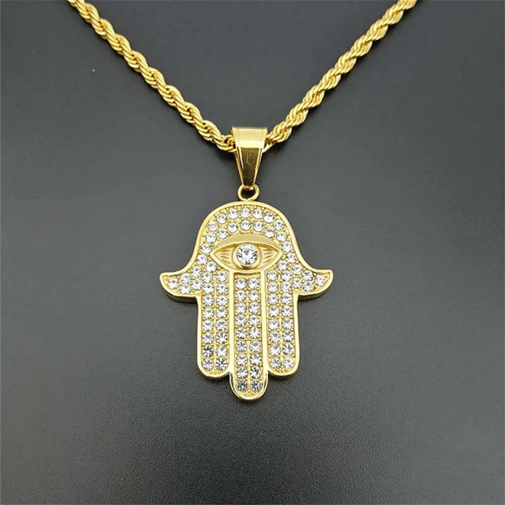 Hamsa Hand of Fatima Necklace Pendant & Chain For Men Women's Gold Color Stainless Steel Palm Necklaces Turkish Jewelry Gift