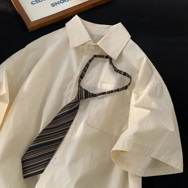 Short-sleeved Work Shirt Men's Summer Tie Handsome High-end Fashion Brand Trendy Couple College Style