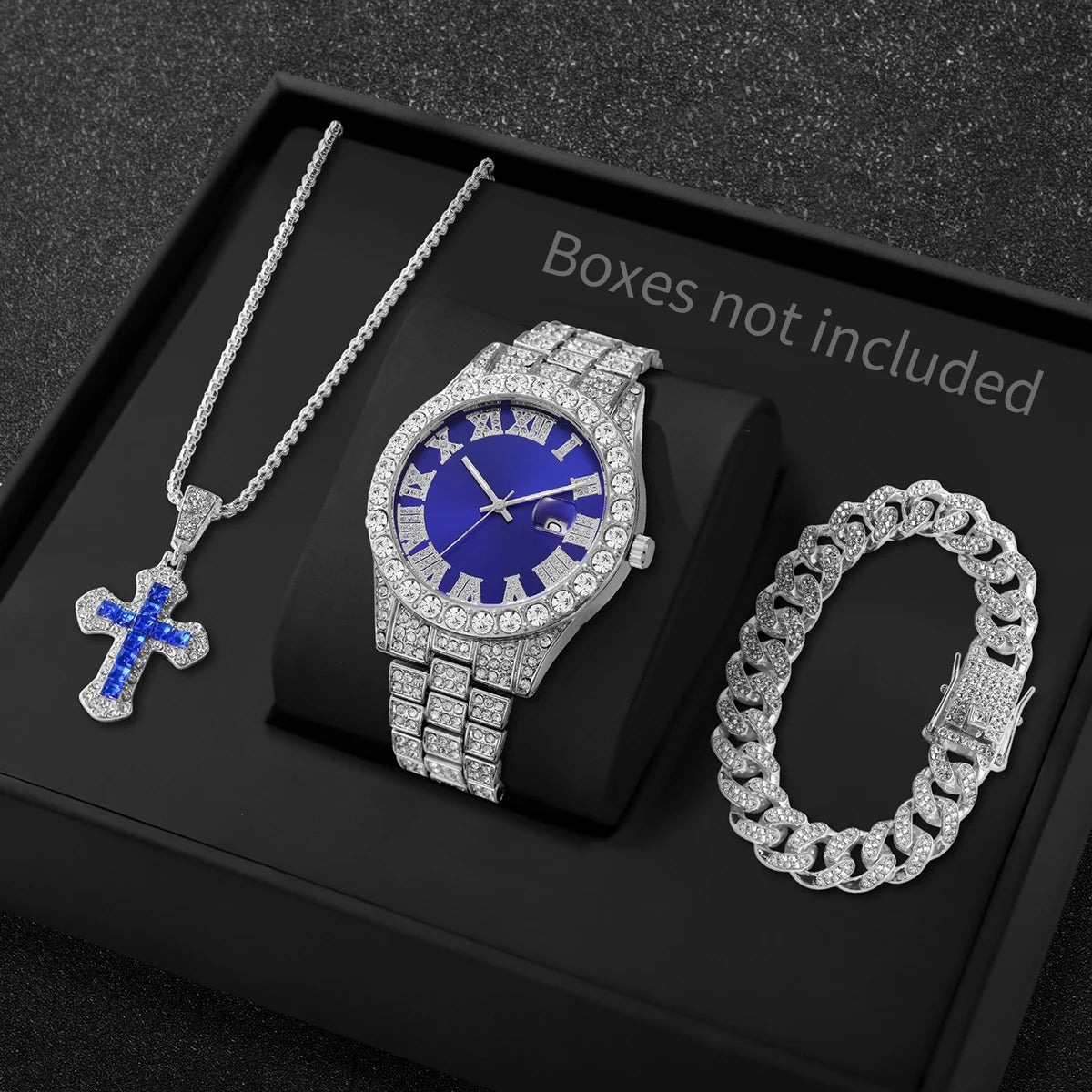 3PCS/Set Luxury Full Diamond Men Quartz Watches Fashion Hip Pop Mens Calendar Wristwatch Bracelet Necklace Set (Without Box)