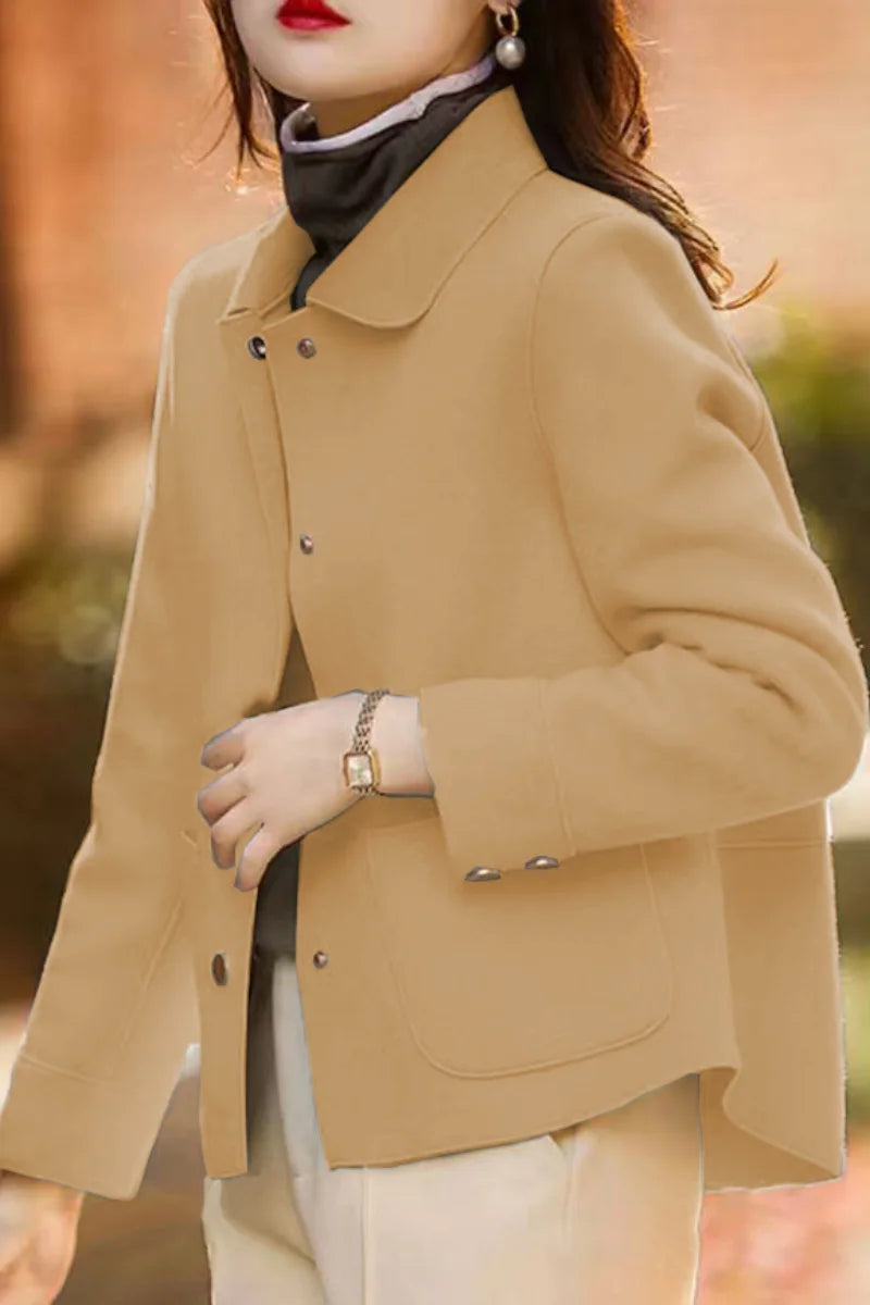 Fashionable minimalist coat for women with a single-breasted collar and high-quality short woolen coat, casual solid color long-