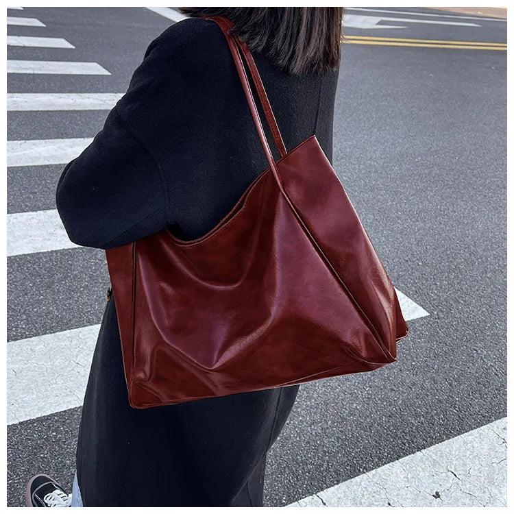 Tote Women's Bag Korean Style Large Capacity Soft Leather Shoulder Bag Retro Casual Hand-held Bucket Bag 2025 Одноплечевая сумка