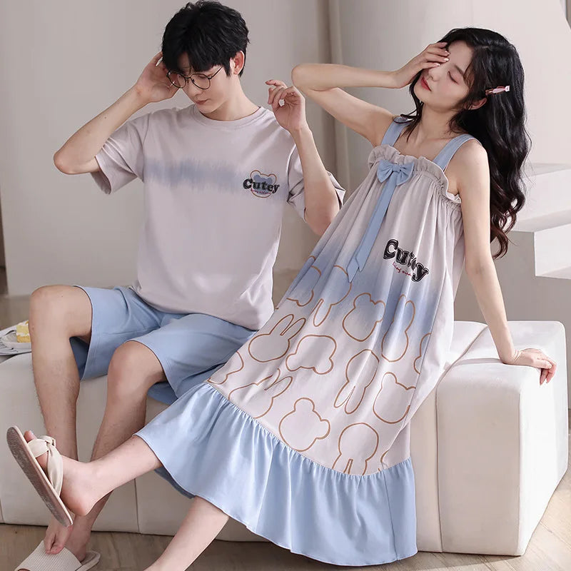 Summer Pyjamas Men Knited Cotton Pajamas Set Korean Sweet Pijamas Ladies Sexy Sleepwear Home Clothing For Youth Boy Girl