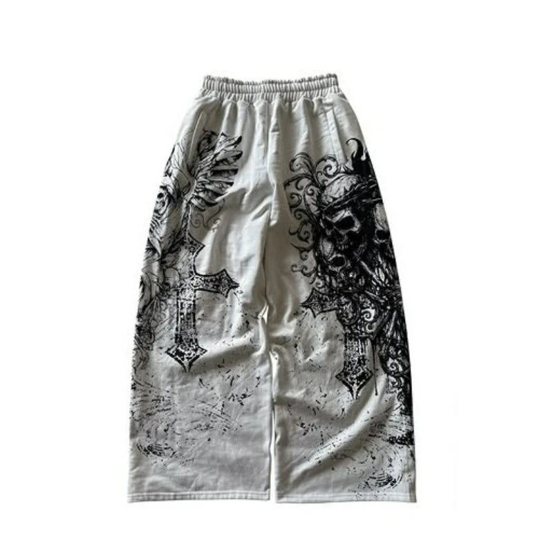 Y2K Retro Casual Jogger Pants Gothic Skull Print Afterlife Sweats Floor Pants Trend Harajuku Hip Hop Oversized Unisex Clothing
