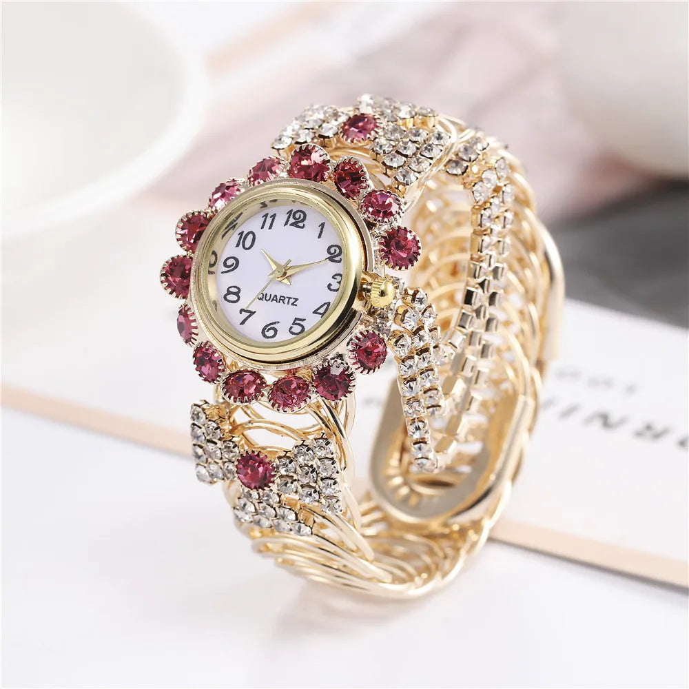 Trendy Leisure Women’s Watch Chic Gold Hollow Design Quartz Watch Stylish Red White Rhinestone Bangle Wristwatch