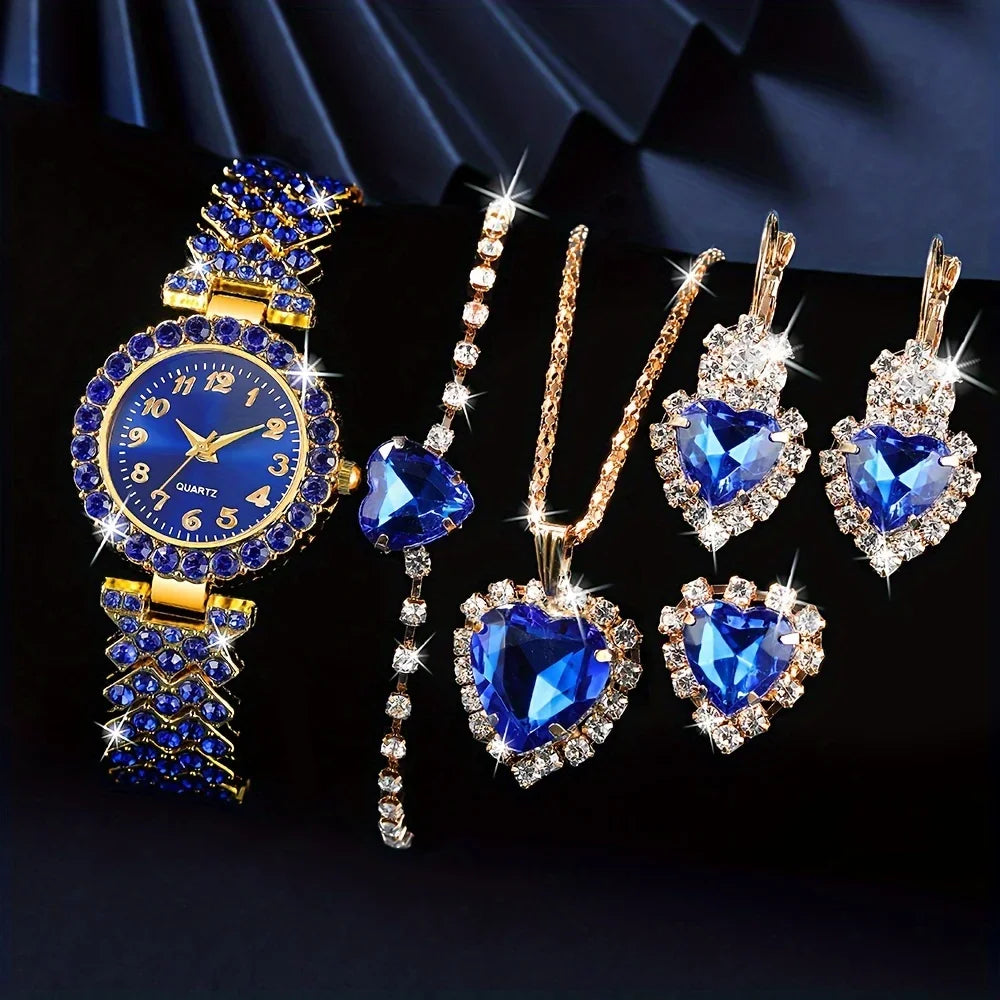 A fashionable women's quartz watch set, consisting of a 6pcs alloy round case timetable, earrings, necklace, and ring set,