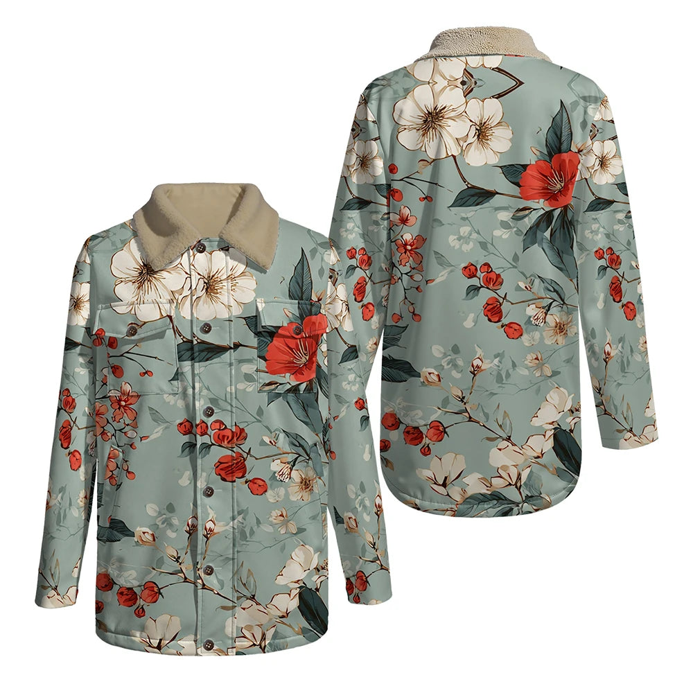 Elegant Floral Print Long Sleeve Coat with Soft Faux Fur Collar Perfect for Spring and Autumn Casual Fashion and Daily Outerwear
