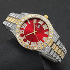 3PCS/Set Luxury Full Diamond Men Quartz Watches Fashion Hip Pop Mens Calendar Wristwatch Bracelet Necklace Set (Without Box)
