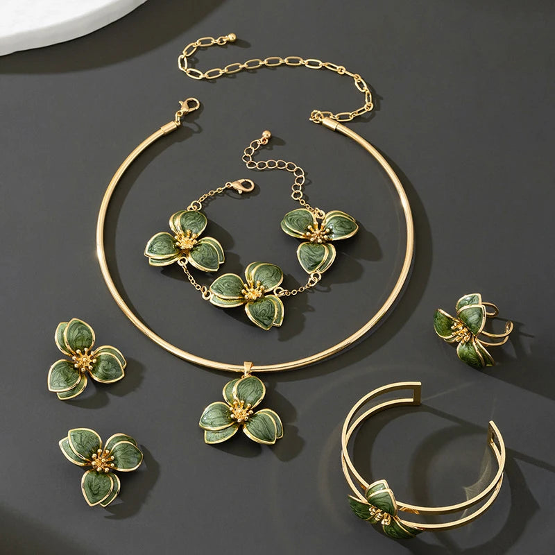 Elegant Jewelry Set for Women Wholesale Gold Color Ring Bangle Green White Enamel Flower Stud Earrings and Choker Necklace