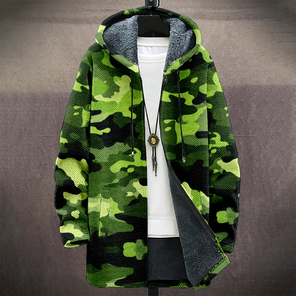 Men's Camouflage Hooded Coat with Fleece Lining Cold Weather Warm Jacket for Autumn Winter Outdoor Streetwear Fashion Trend