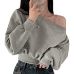 Korean Streetwear Off-shoulder Long Sleeve Loose Casual Cropped Sweatshirt For Women