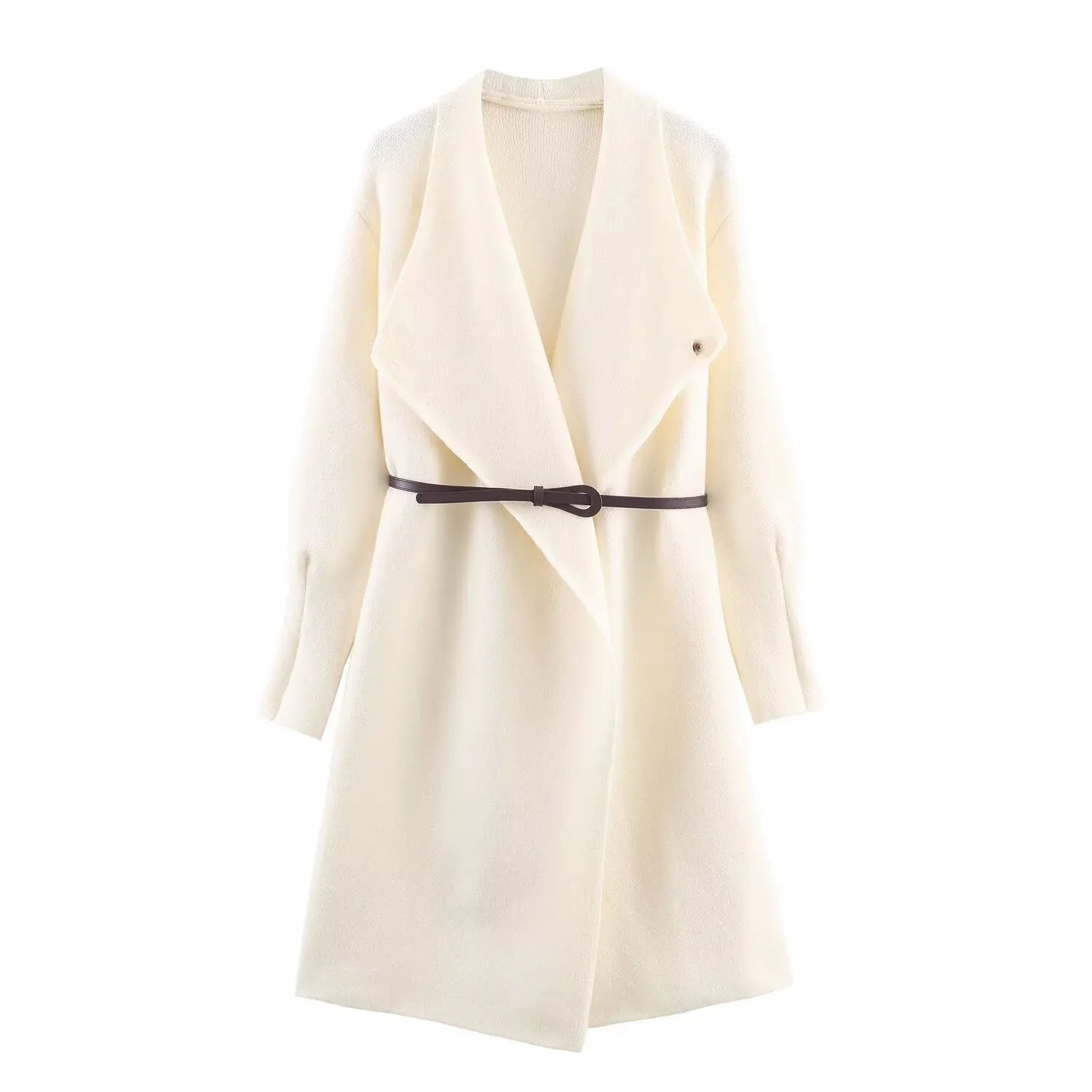 Womens Knitted Coat With Waist Belt Mid Length Elegant And Comfortable Coat Must Have Autumn And Winter Item Trafizaran