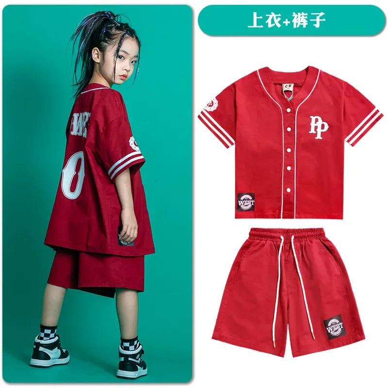 Kids Teenage Streetwear Hip Hop Clothing Red Shirt Tops Casual Cargo Jogger Pants For Girl Boy Jazz Dance Costume Rave Clothes