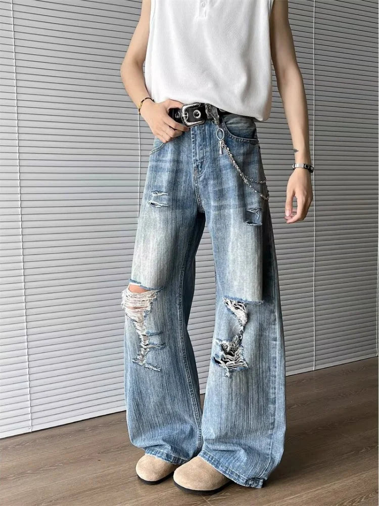 2025 Trashy Y2K Streetwear Washed Blue Baggy Ripped Jeans Pants For Men 90S Vintage Clothes Straight Distressed Denim Trousers