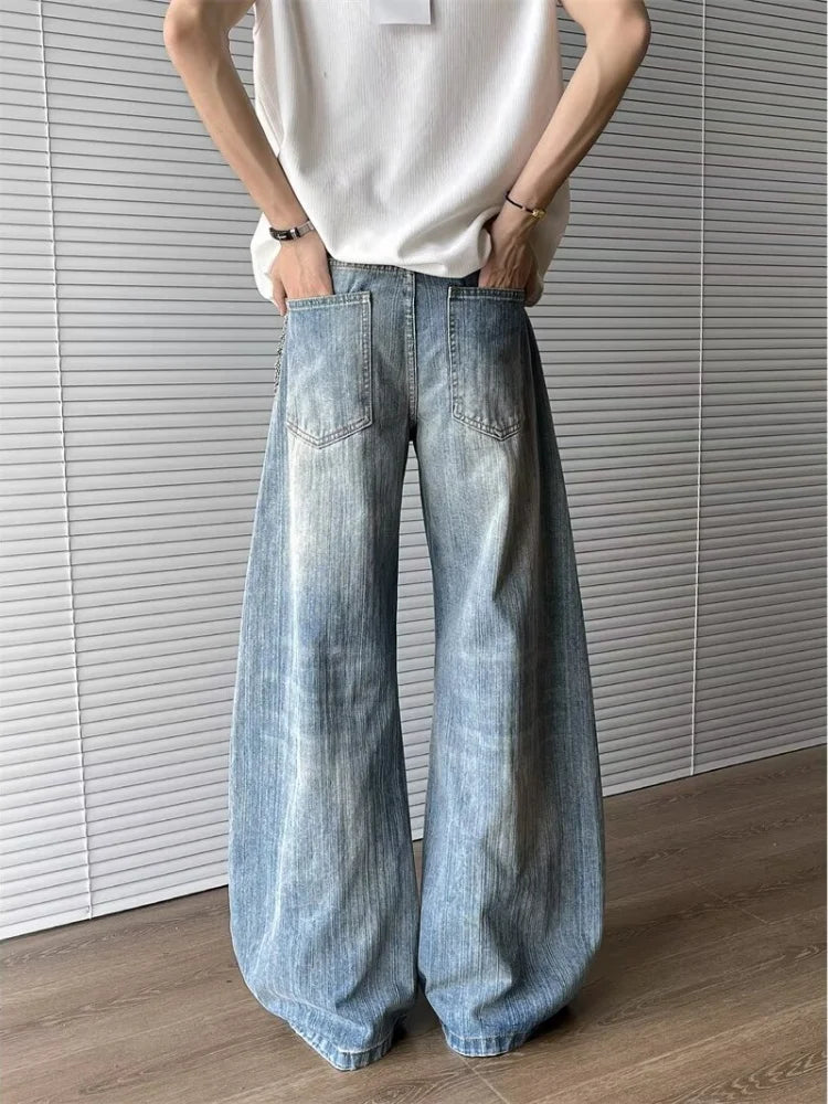 2025 Trashy Y2K Streetwear Washed Blue Baggy Ripped Jeans Pants For Men 90S Vintage Clothes Straight Distressed Denim Trousers