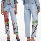 European, American, Spanish original single women's jeans, contrasting color print, elastic casual designer style cropped pants