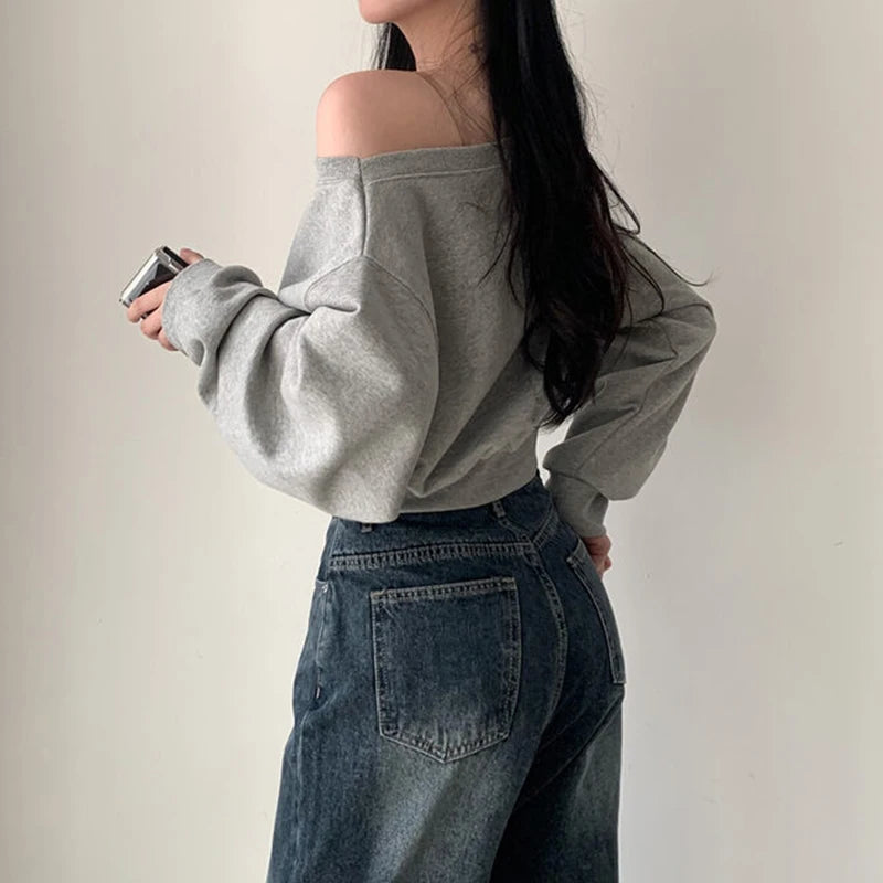 Korean Streetwear Off-shoulder Long Sleeve Loose Casual Cropped Sweatshirt For Women