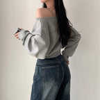 Korean Streetwear Off-shoulder Long Sleeve Loose Casual Cropped Sweatshirt For Women