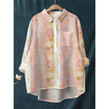 Blue White Floral Print Shirt Women's Long Sleeve Half Button Down Blouse with Asymmetrical Hem Soft Breathable Loose Fit Tops