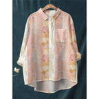 Blue White Floral Print Shirt Women's Long Sleeve Half Button Down Blouse with Asymmetrical Hem Soft Breathable Loose Fit Tops