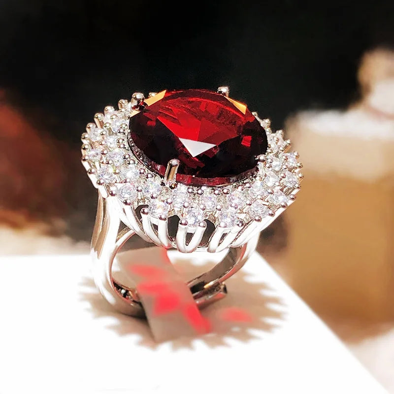 Red Round Gemstone Stone Ring For Women Elegant Engagement Wedding Ring Sterling Silver Color Austrian Crystals Fashion Jewelry