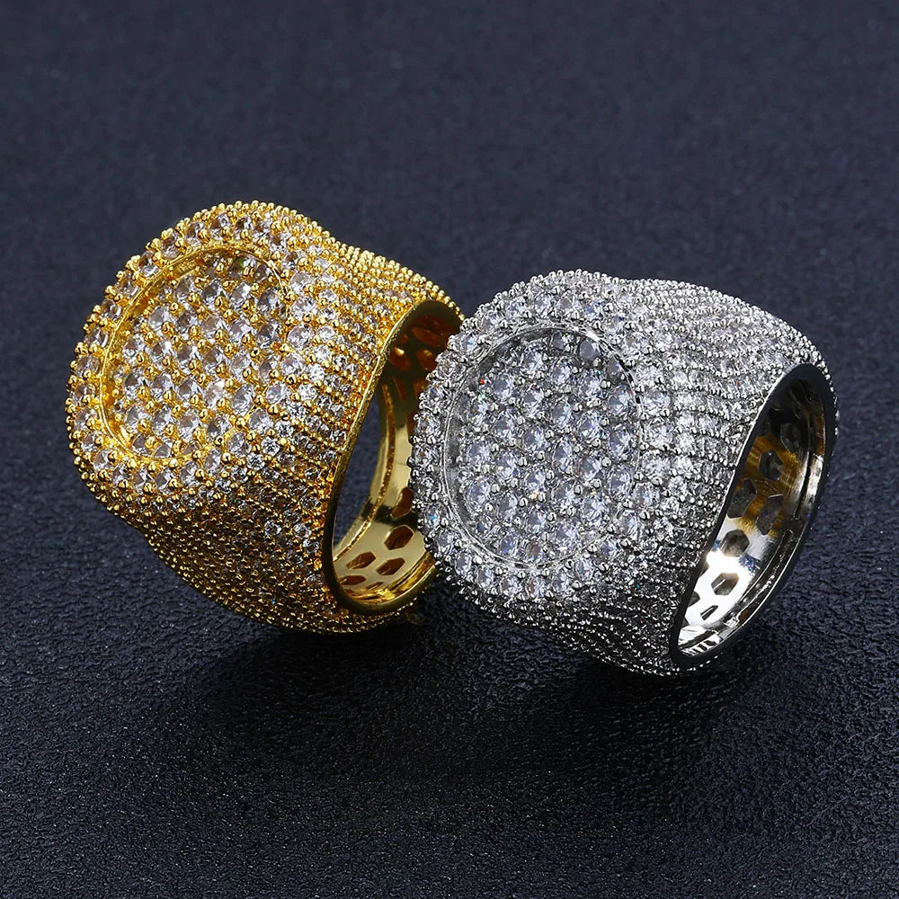 Hip Hop Iced out Diamond Round Ring Full Pave Big Circle Honeycomb Brilliant Cut CZ Brass Rings Jewelry Men Women Gift