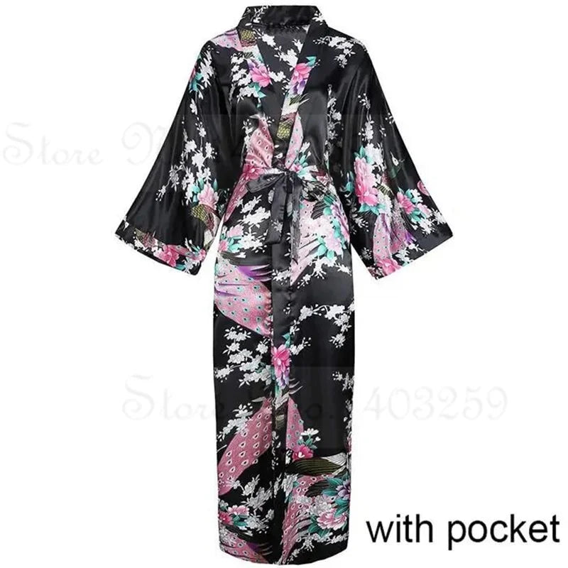 Women Long Robe Kimono Bathrobe Gown with Pockets Sexy Wedding Bride Bridesmaid Dressing Gown Oversize Satin Homewear Loungewear