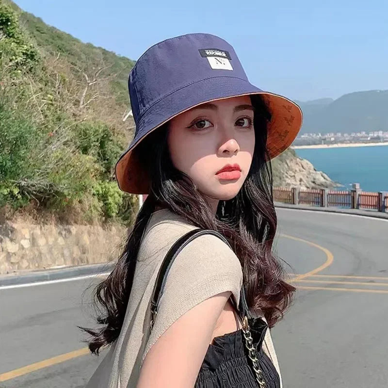 Double-sided Wear Women Bucket Hat Korean Fashion Letter Print Fisherman Hats For Girl Summer Outdoor Beach Basin Cap