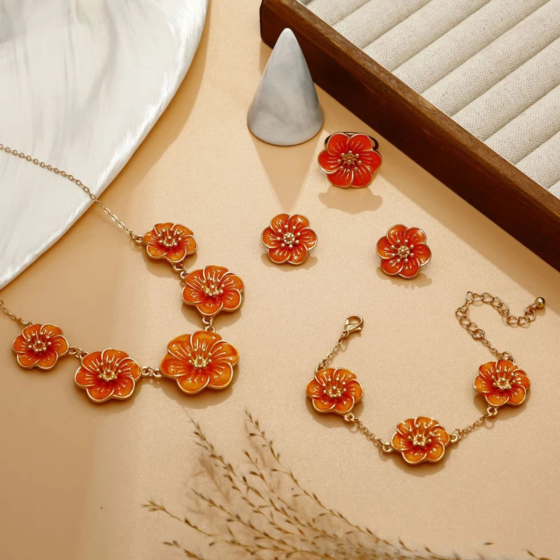 Vintage Drip Oil Flower Pendant Necklace Earrings Bracelet Ring Set for Women Elegant Floral Clavicle Chain Party Jewelry Set