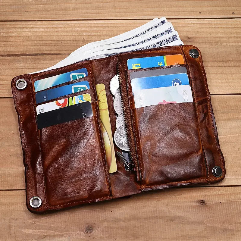Wrinkle Wallet,Vintage Handmade Cow Leather Card Holder For Men, Leather Bifold Money Clips