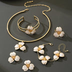Elegant Jewelry Set for Women Wholesale Gold Color Ring Bangle Green White Enamel Flower Stud Earrings and Choker Necklace