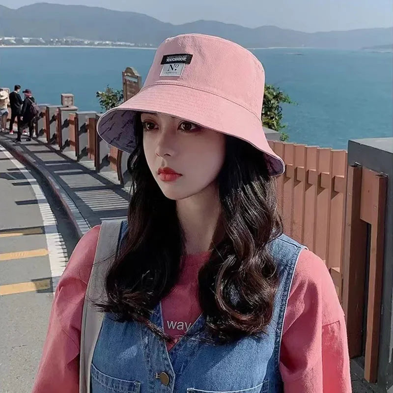Double-sided Wear Women Bucket Hat Korean Fashion Letter Print Fisherman Hats For Girl Summer Outdoor Beach Basin Cap