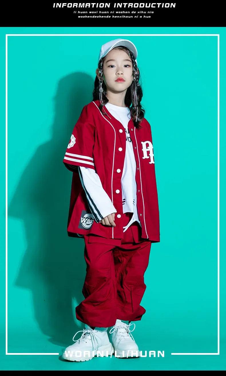 Kids Teenage Streetwear Hip Hop Clothing Red Shirt Tops Casual Cargo Jogger Pants For Girl Boy Jazz Dance Costume Rave Clothes
