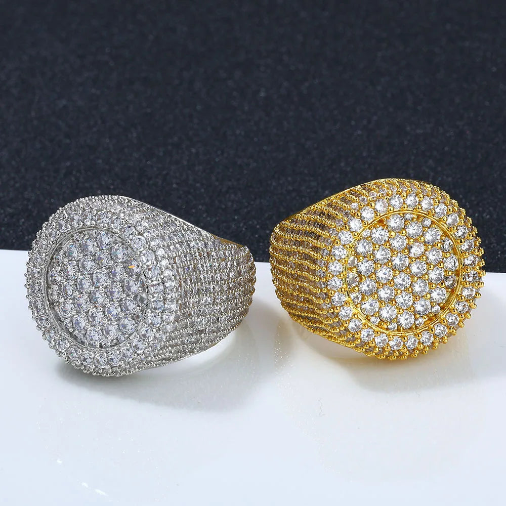 Hip Hop Iced out Diamond Round Ring Full Pave Big Circle Honeycomb Brilliant Cut CZ Brass Rings Jewelry Men Women Gift