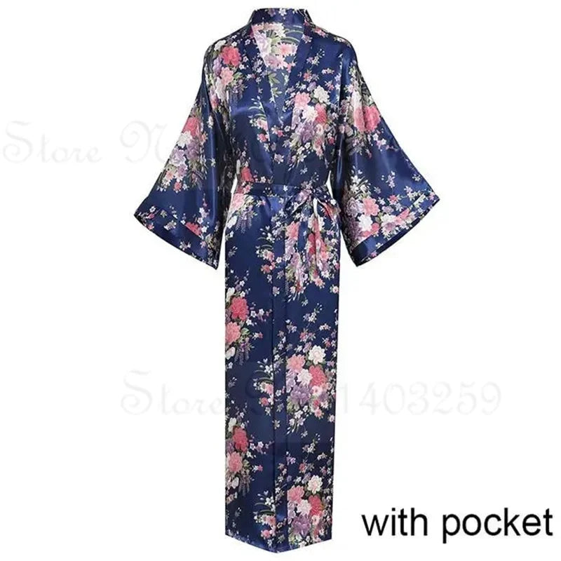 Women Long Robe Kimono Bathrobe Gown with Pockets Sexy Wedding Bride Bridesmaid Dressing Gown Oversize Satin Homewear Loungewear