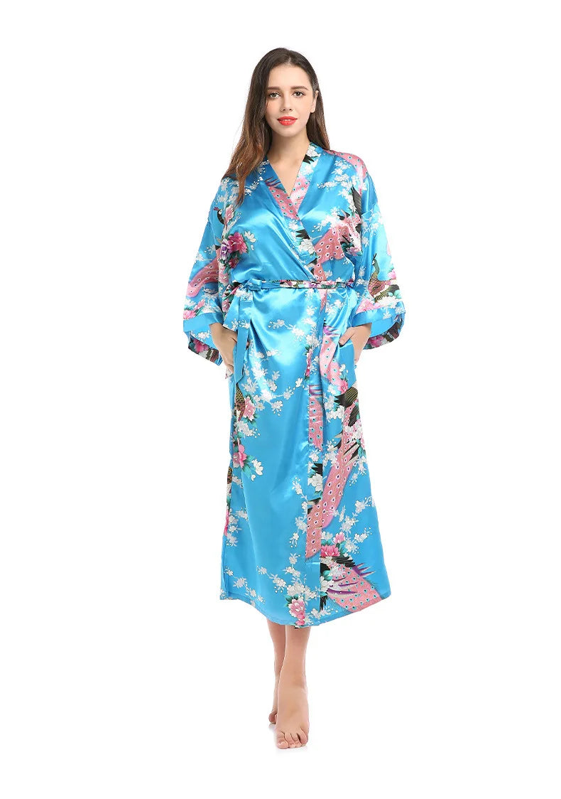 Women Long Robe Kimono Bathrobe Gown with Pockets Sexy Wedding Bride Bridesmaid Dressing Gown Oversize Satin Homewear Loungewear