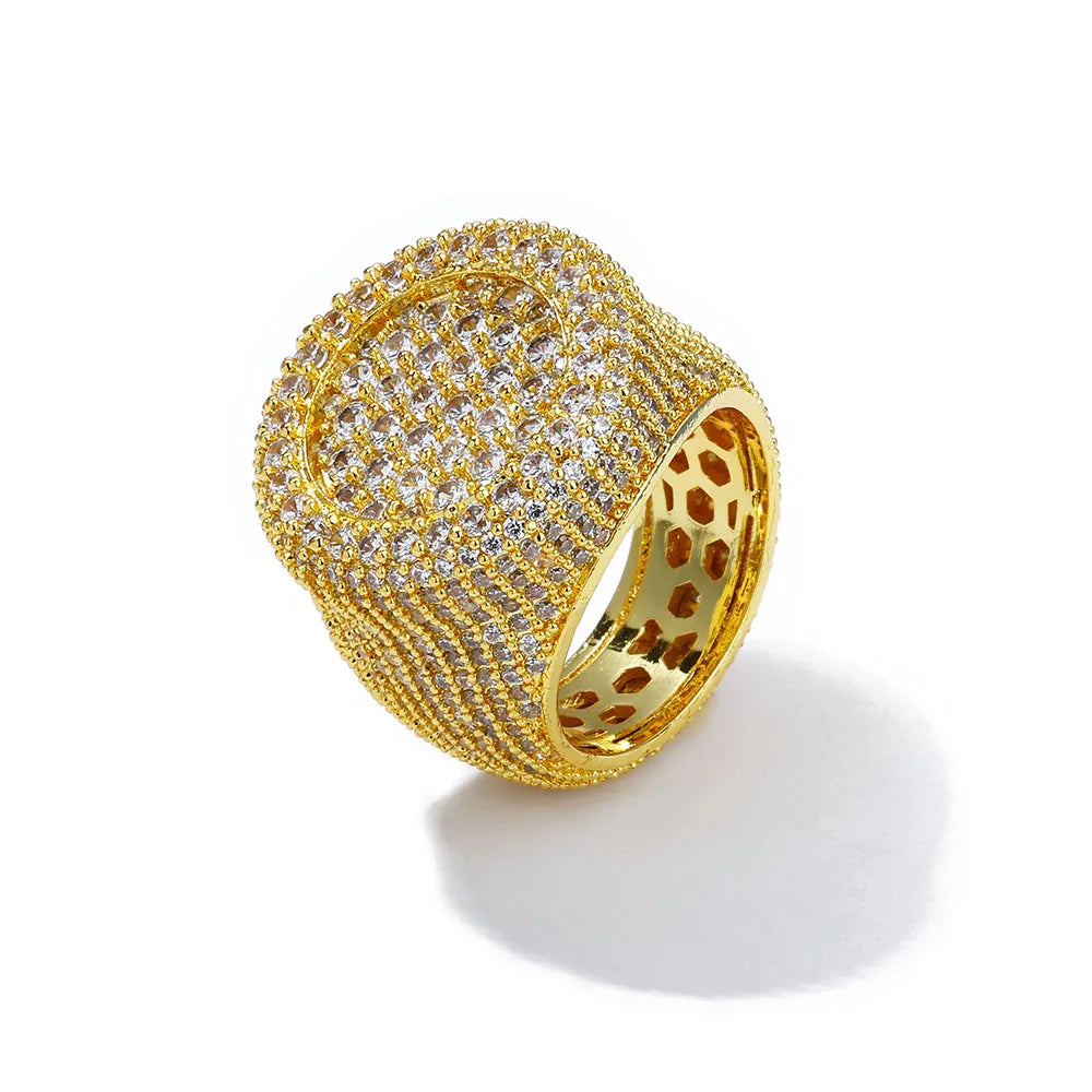 Hip Hop Iced out Diamond Round Ring Full Pave Big Circle Honeycomb Brilliant Cut CZ Brass Rings Jewelry Men Women Gift