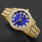 3PCS/Set Luxury Full Diamond Men Quartz Watches Fashion Hip Pop Mens Calendar Wristwatch Bracelet Necklace Set (Without Box)