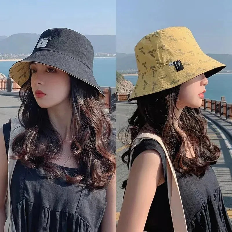 Double-sided Wear Women Bucket Hat Korean Fashion Letter Print Fisherman Hats For Girl Summer Outdoor Beach Basin Cap