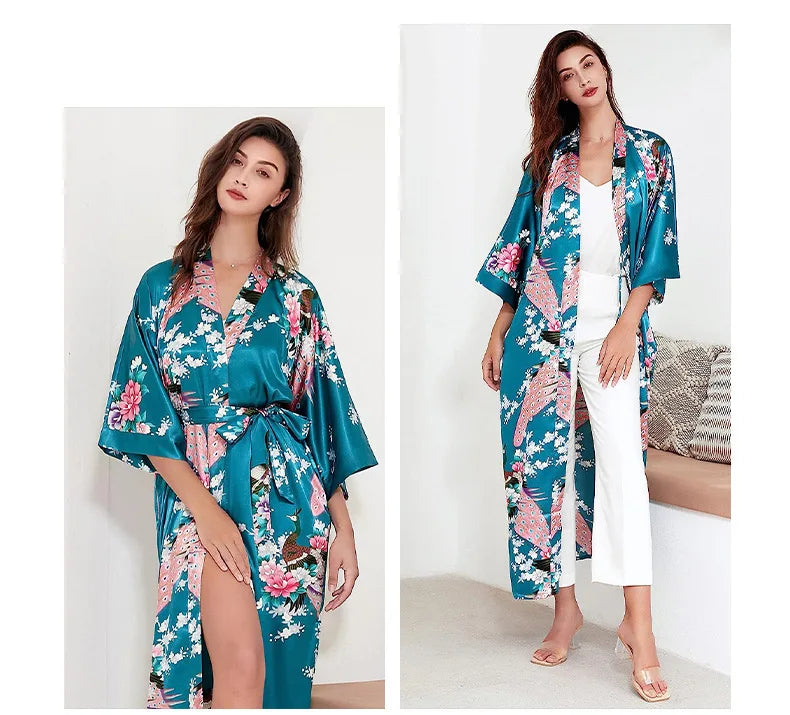 Women Long Robe Kimono Bathrobe Gown with Pockets Sexy Wedding Bride Bridesmaid Dressing Gown Oversize Satin Homewear Loungewear