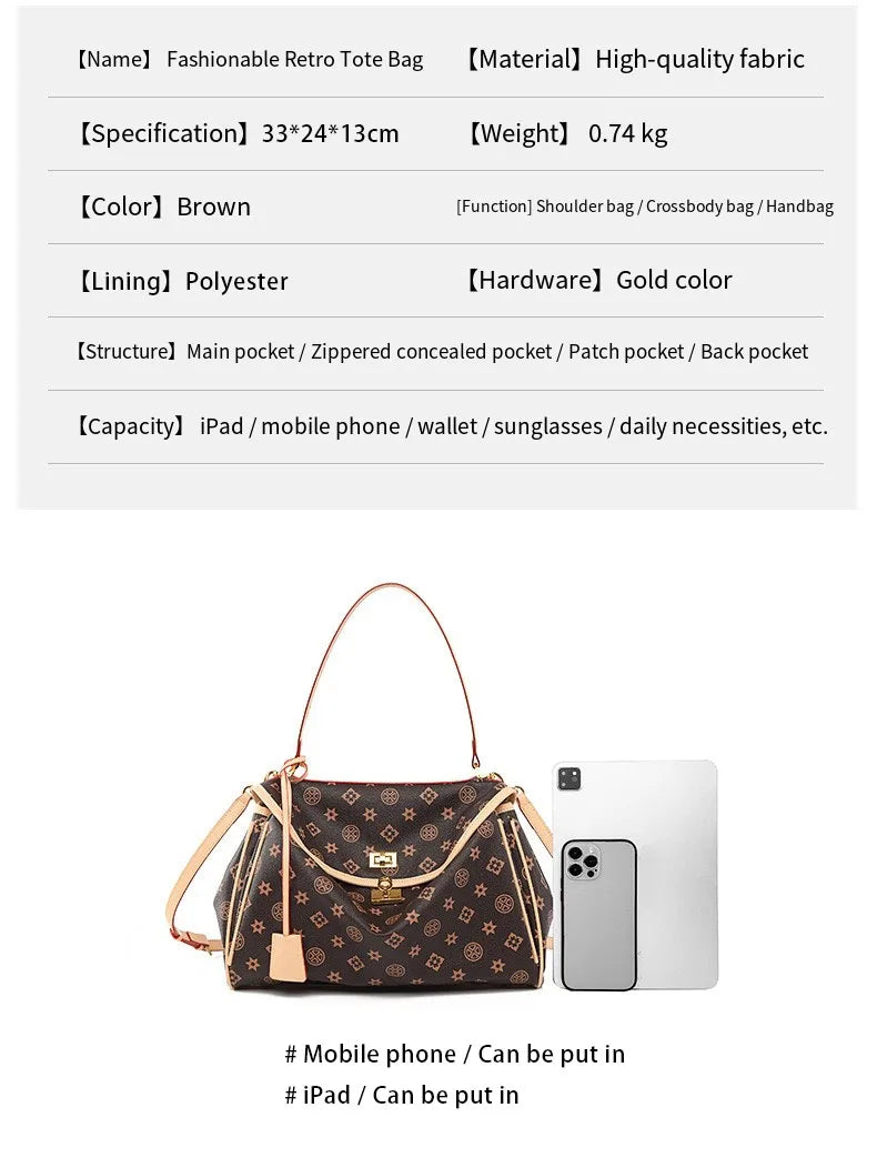 Ladies' tote bag, European and American retro handbag, printed underarm bag, fashionable commuting crossbody bag