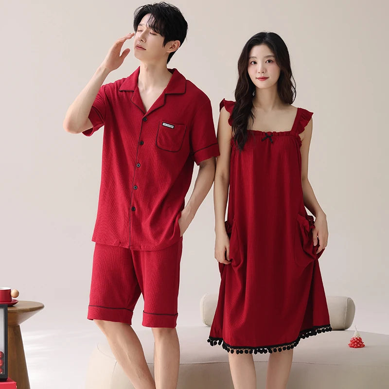 Pyjamas Lovers Festive Red Color Fashion Men Short Sleeve Shorts Cardigan Pajamas Sets Summer Sling Nightgowns For Young Female